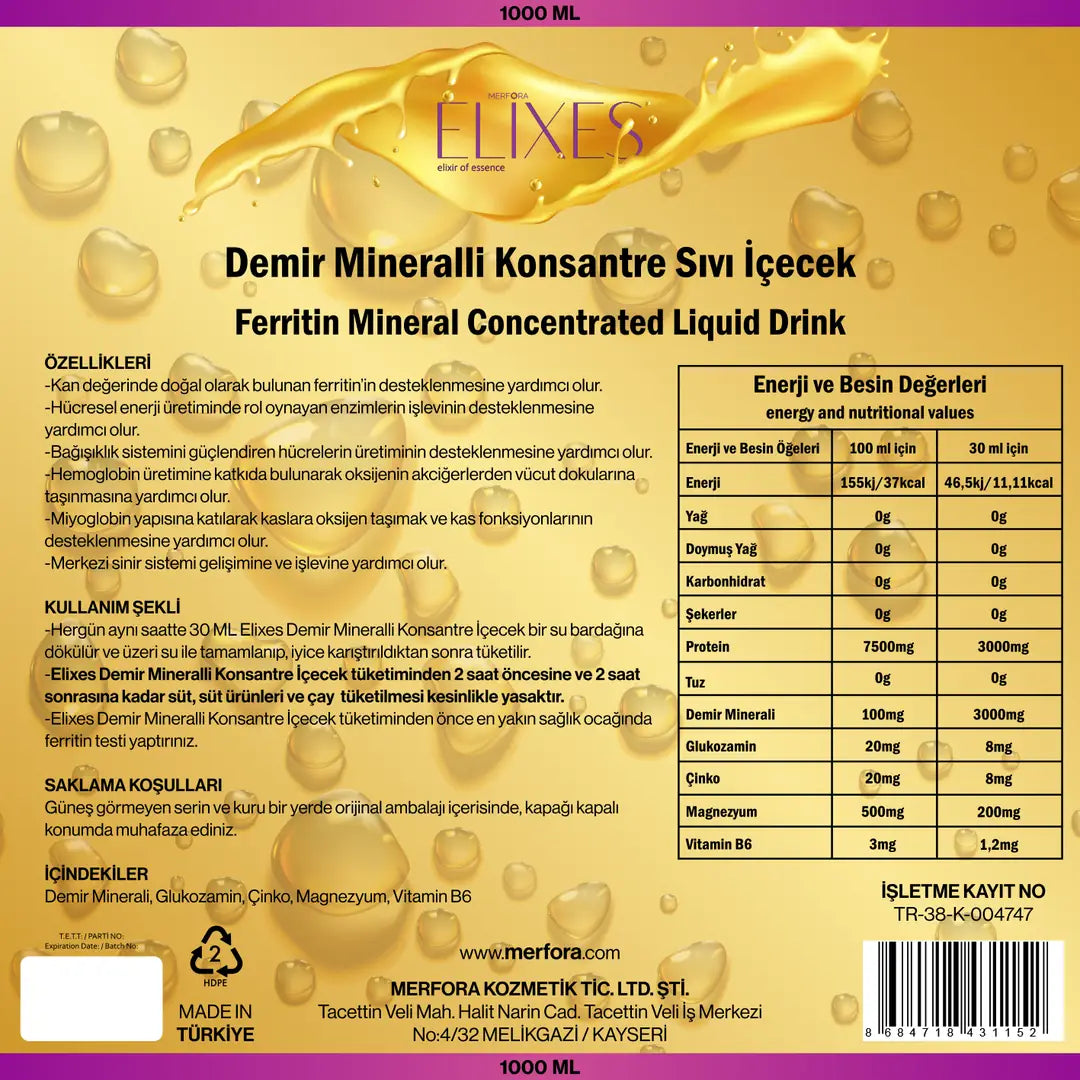Elixes Demir Mineralli Sıvı Konsantre İçecek 1000 ML