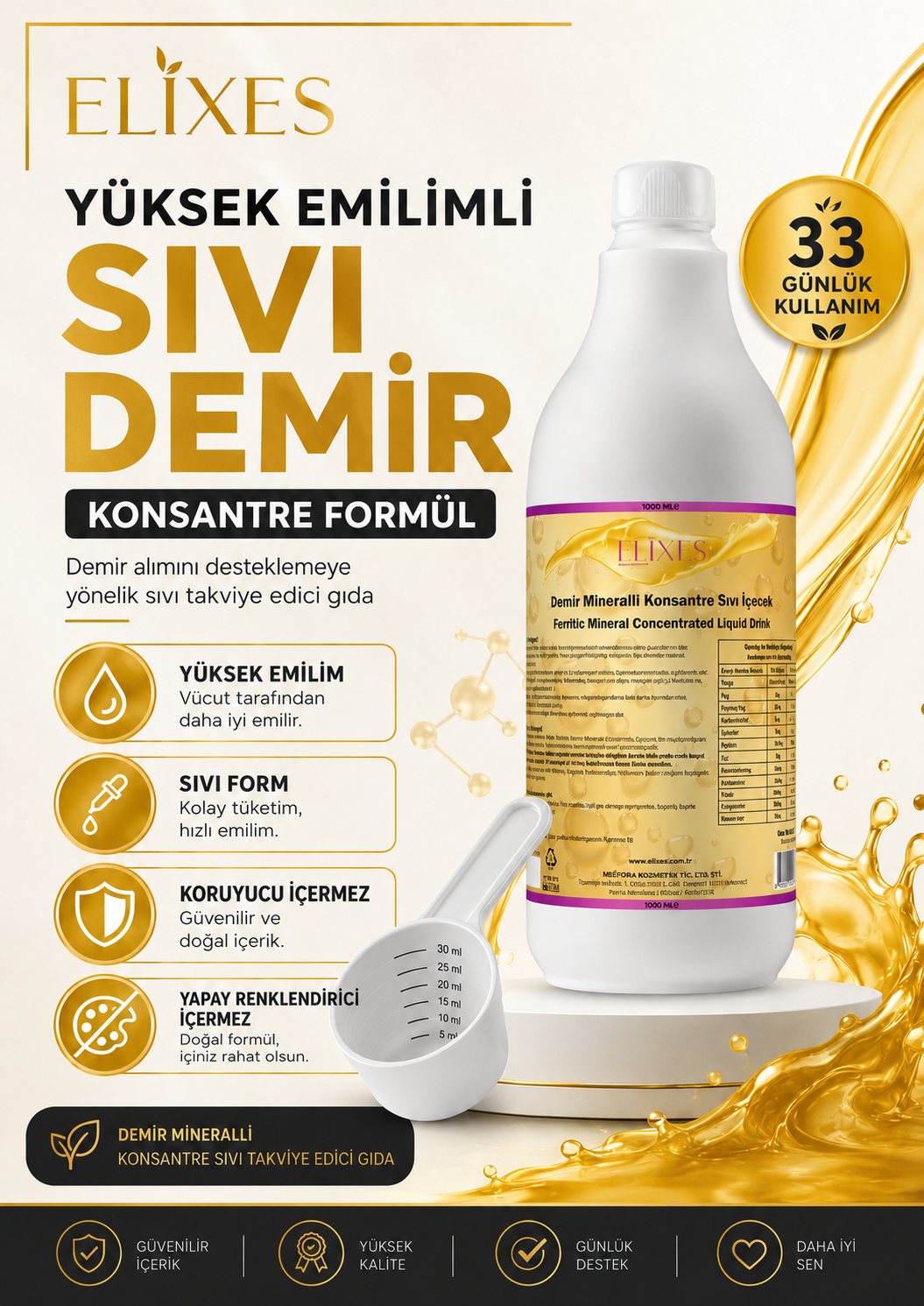 Elixes Demir Mineralli Sıvı Konsantre İçecek 1000 ML Demir ve B6 Vitaminli Gıda Takviyesi