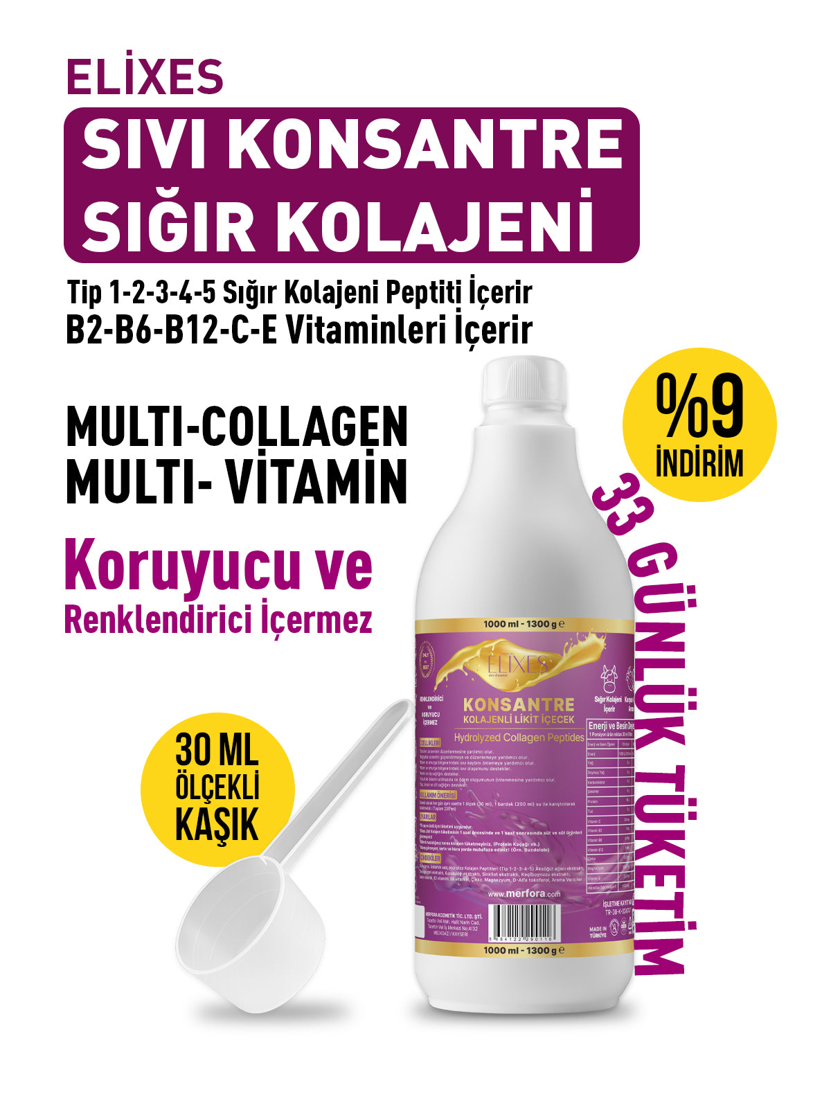 Elixes Likit Konsantre Sığır Kolajenli İçecek 1000 ML Tip 1 2 3 4 5 Kolajen
