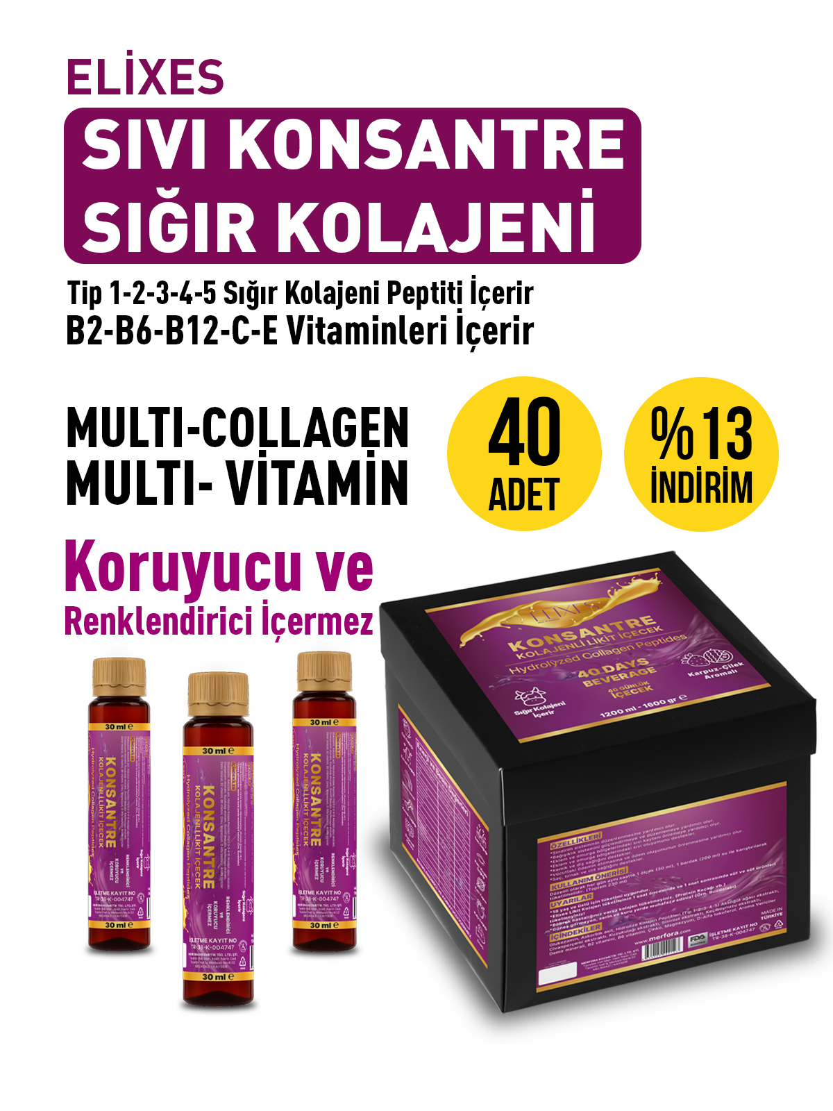 Elixes Likit Konsantre Sığır Kolajenli İçecek 40'lı Kutu Tip 1 2 3 4 5 Kolajen Multi vitamin multi kolajen